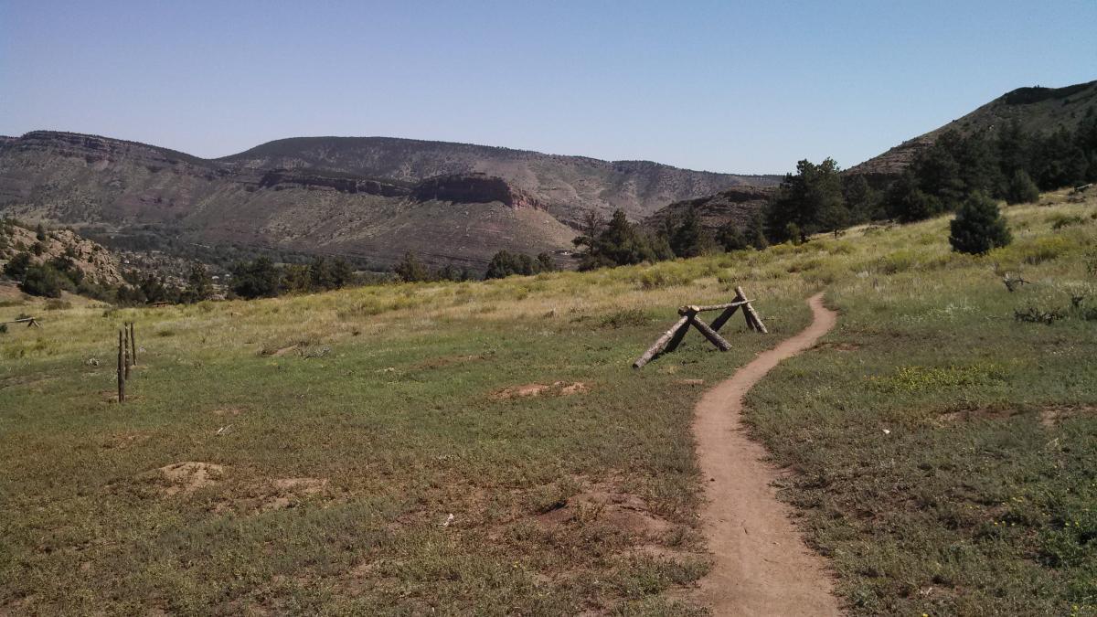 A winding dirt path cuts through a grassy landscape, surrounded by rolling hills and mountains under a clear blue sky. The foreground features tall grass and scattered trees, while the distant hills create a scenic backdrop. A wooden fence made of logs is partially visible along the path. Hall Ranch mountain bike trail.