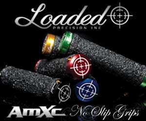 A graphic showcasing various colored no-slip grips from Loaded Precision Inc., with a logo displayed prominently at the top and the brand name "AmXc" at the bottom. The grips are designed with textured surfaces and are arranged in a visually appealing manner, creating a dynamic presentation.