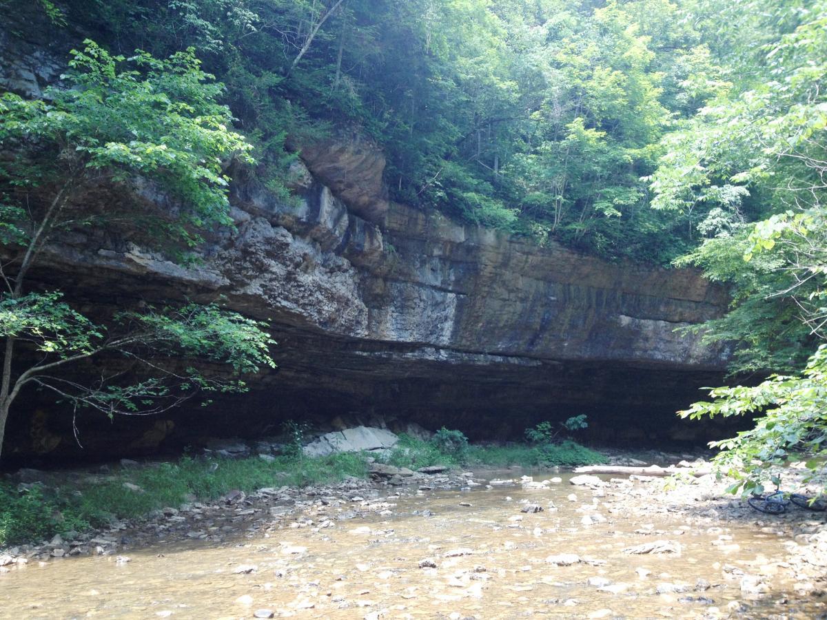 A serene landscape featuring a rocky overhang surrounded by lush green trees, with a shallow stream running through the foreground. Sunlight filters through the foliage, creating a tranquil and inviting atmosphere. Sheltowee Trace - Little Sinking Section mountain bike trail.