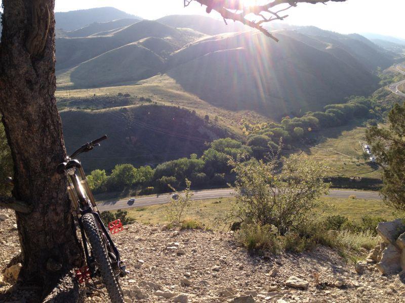 A mountain bike resting against a tree on a hillside, overlooking a lush valley with rolling green hills and a winding road below. The scene is illuminated by sunlight, creating a warm and inviting atmosphere. Red Rocks / Dakota Ridge mountain bike trail.