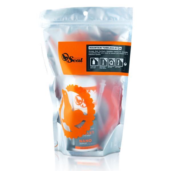 Mountain Tubeless Kit: A sealed pouch containing a mountain tubeless kit, featuring an orange logo and label with product information. The packaging includes graphics depicting usage instructions for maintaining a tubeless tire system.