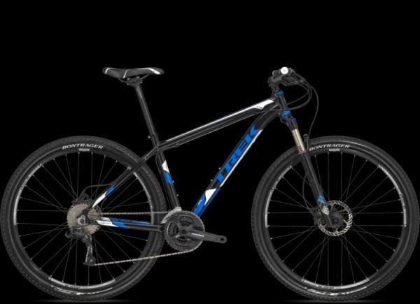 Trek X-Caliber: A black and blue Trek mountain bike with a lightweight frame, front suspension, and disc brakes, showcased against a black background.