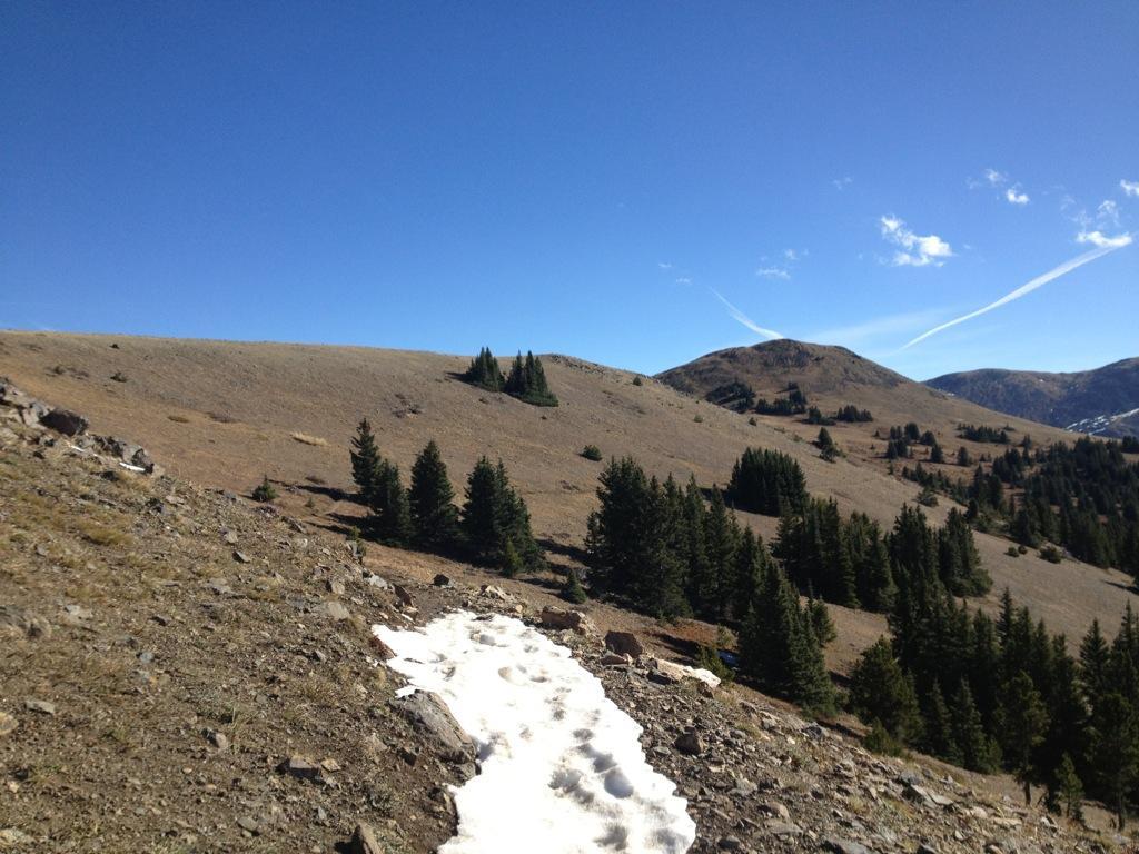 A scenic mountain landscape featuring rolling hills and patches of snow, with evergreen trees scattered throughout. The sky is clear and blue, highlighting the natural beauty of the terrain. Monarch Crest Trail mountain bike trail.