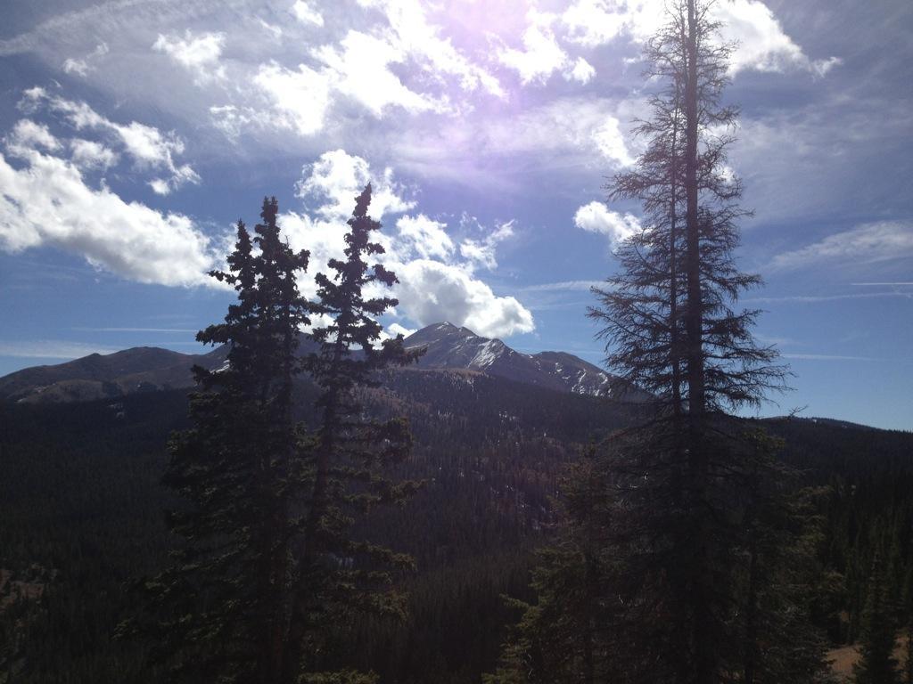 Scenic landscape featuring tall evergreen trees in the foreground, with a backdrop of mountains partially covered in snow under a bright blue sky with fluffy clouds. Sunlight shines through the clouds, creating a dramatic effect in the sky. Monarch Crest Trail mountain bike trail.