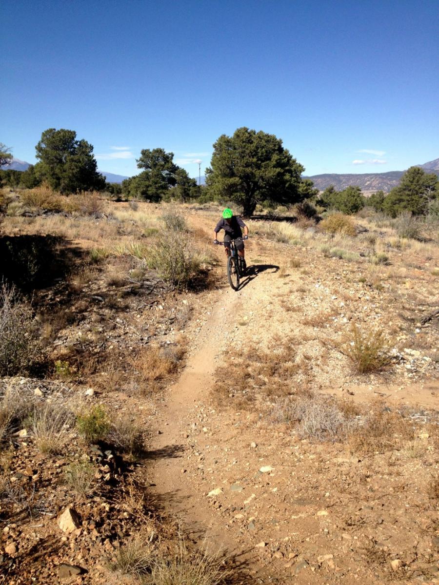 A mountain biker riding along a dirt trail surrounded by sparse vegetation and trees under a clear blue sky. The biker is wearing a green helmet and is focused on navigating the path, which winds through a rocky landscape. Little Rainbow mountain bike trail.