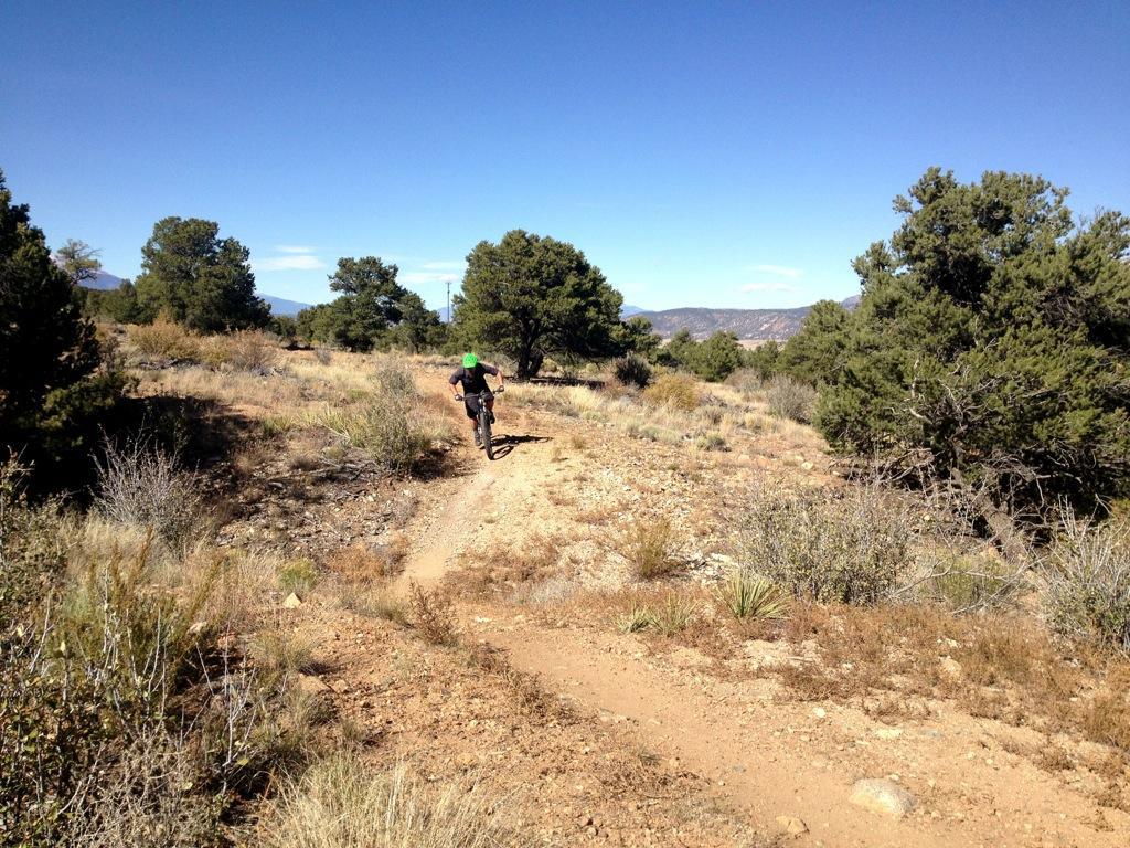 A person riding a mountain bike on a dirt trail through a sparse landscape with scattered shrubs and trees. The background features distant mountains under a clear blue sky. Little Rainbow mountain bike trail.