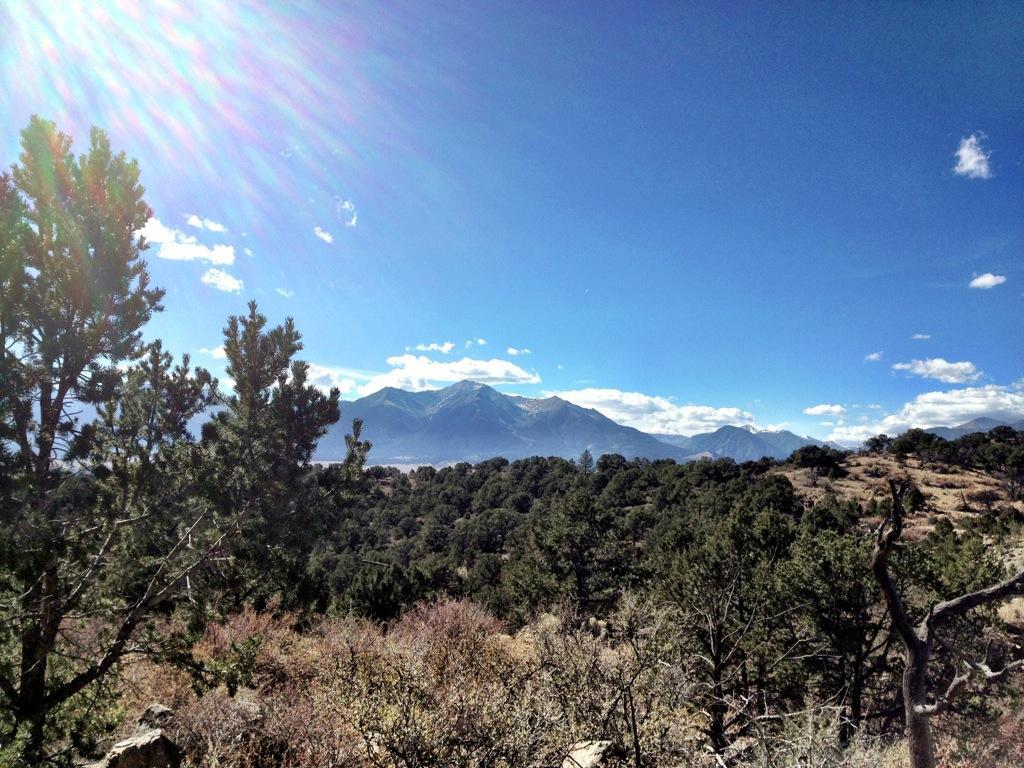 A scenic view of mountains under a clear blue sky, with sunlight shining through the trees in the foreground. The landscape features a mix of greenery and rocky terrain, highlighting the natural beauty of the area. Midland Hills Trails mountain bike trail.