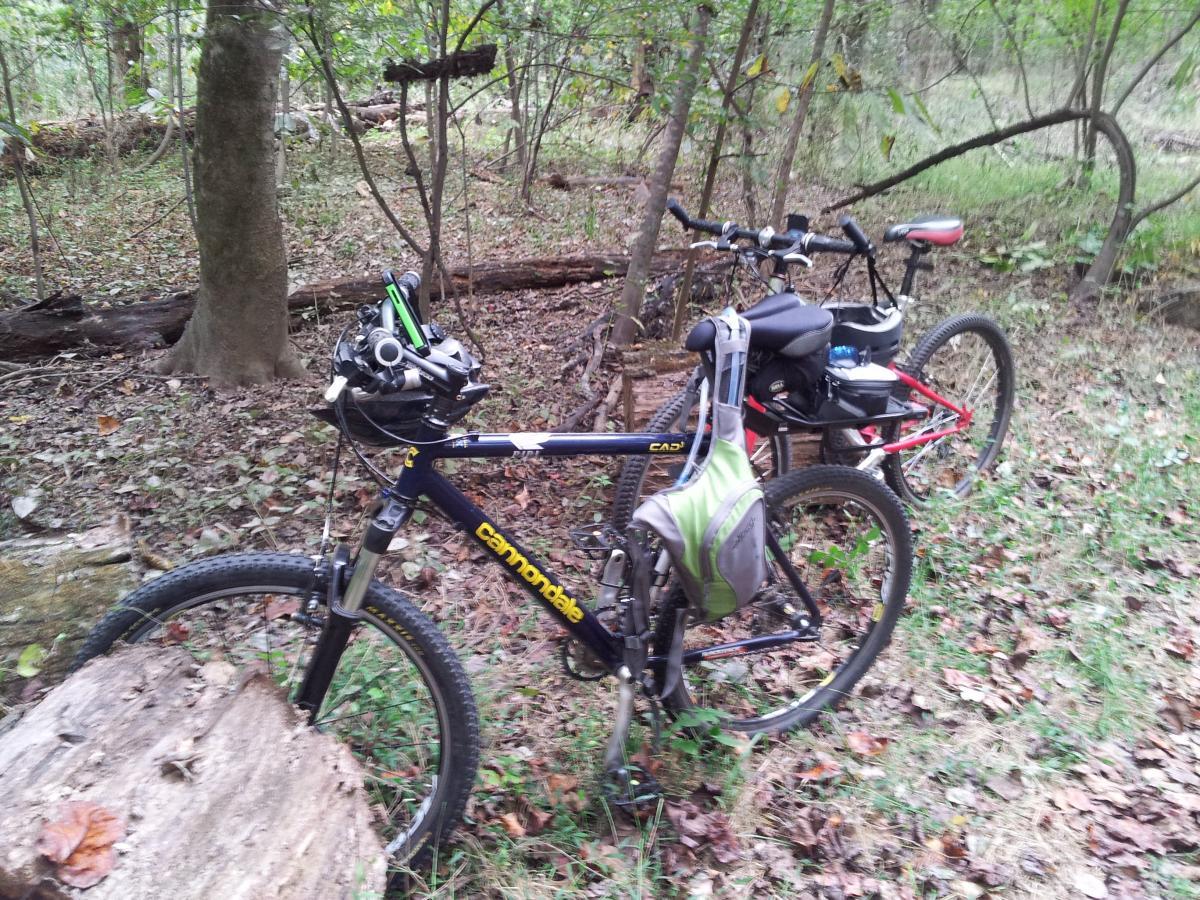 Two mountain bikes are parked in a wooded area, surrounded by fallen leaves and trees. The first bike is a black Cannondale with yellow accents, featuring a bag attached to the frame. The second bike is red, with a seat bag and water bottle holder. Both bikes are positioned near a log and tall greenery, suggesting a peaceful outdoor setting for biking. Turkey Creek mountain bike trail.