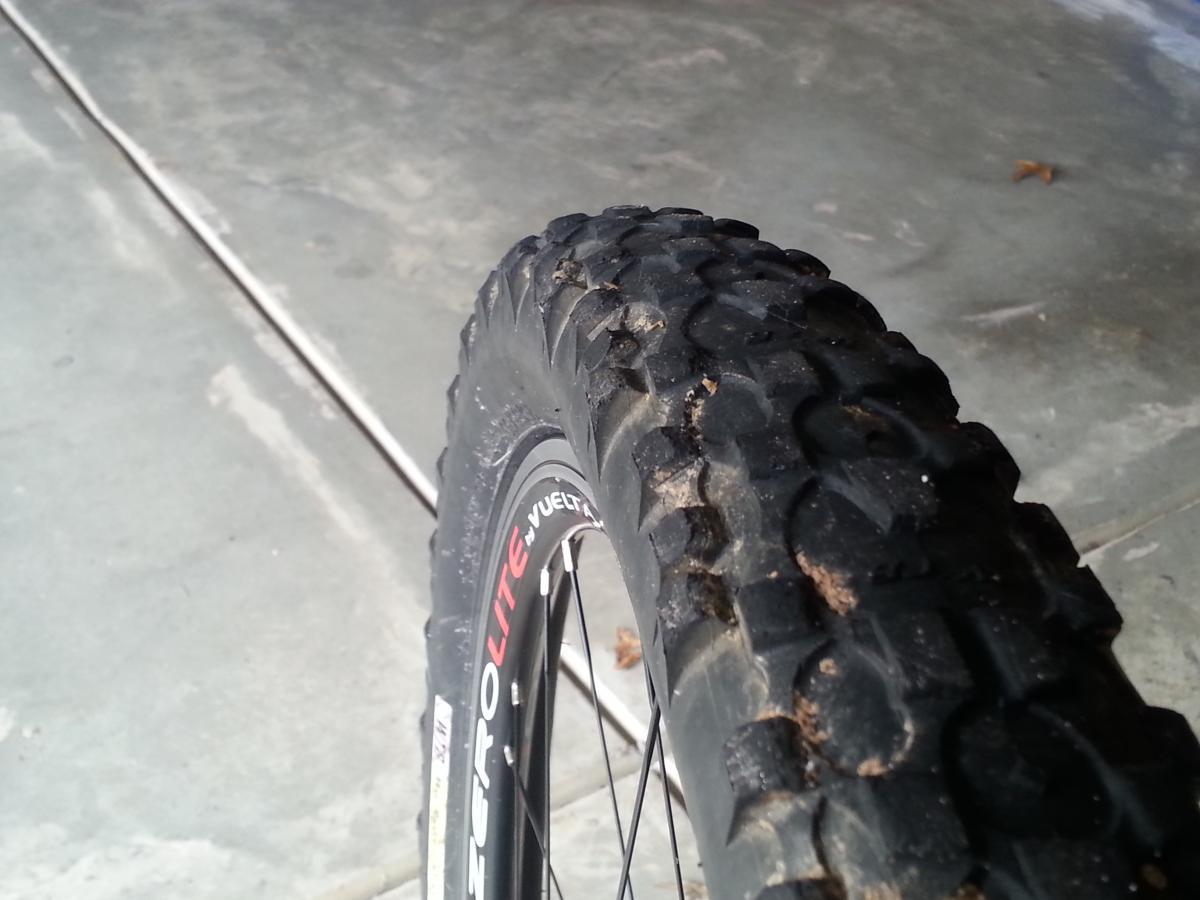 WTB Moto Raptor: Close-up view of a mountain bike tire resting on a concrete surface, showing detailed tread patterns and some dirt on the rubber. The tire has a reflective brand label visible on the side.
