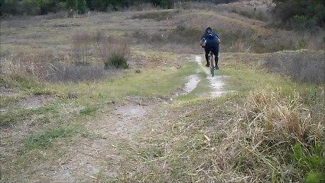 A mountain biker riding along a dirt path in an open grassy area, with sparse vegetation and hills in the background. Balm Boyette Scrub Preserve mountain bike trail.