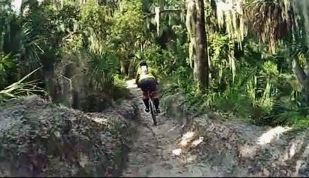 A person riding a mountain bike on a narrow, sandy trail surrounded by lush greenery in a forested area, with tall trees and hanging moss. Loyce E. Harpe Park mountain bike trail.