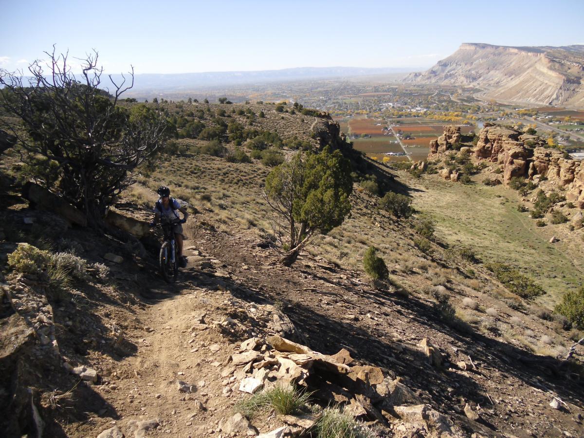A mountain biker navigates a rocky trail along a hillside, surrounded by sparse vegetation and scenic views of a valley below. The landscape features rolling hills and distant mountains under a clear blue sky. Palisade Rim mountain bike trail.