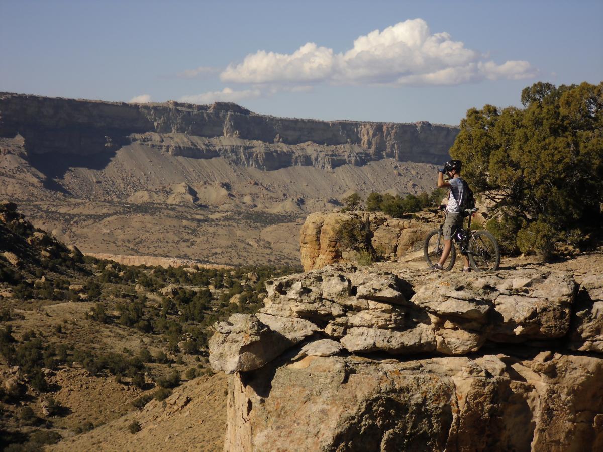A person stands on the edge of a rocky cliff, overlooking a vast canyon landscape. They are wearing a helmet and holding a mountain bike, with a backdrop of rugged terrain and a blue sky dotted with fluffy clouds. The scene captures a moment of exploration and adventure in nature. Palisade Rim mountain bike trail.