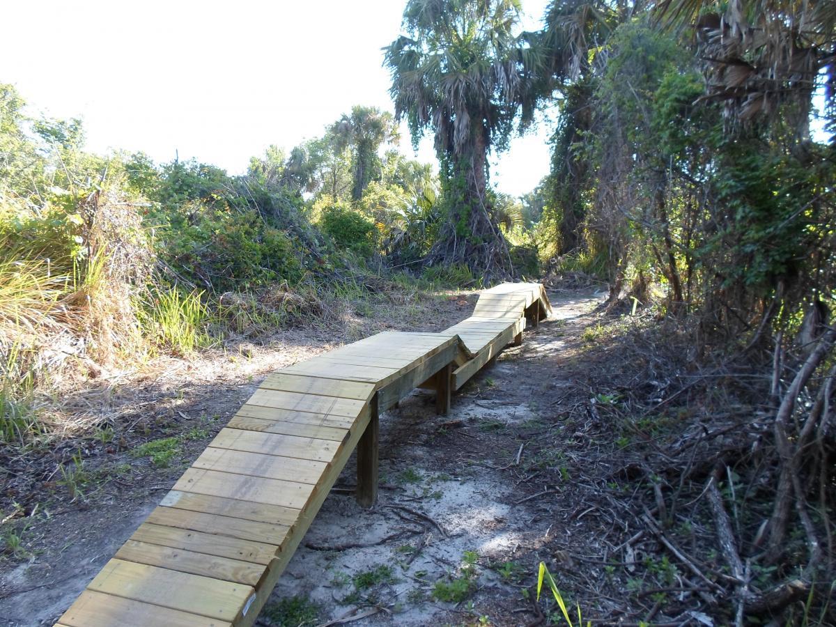 A wooden boardwalk winding through lush greenery in a natural setting, surrounded by various plants and trees. The path is partially shaded by foliage, leading into the distance. Caloosahatchee Regional Park mountain bike trail.
