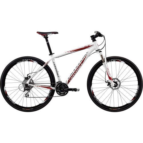 Cannondale Trail 29er 5: A white mountain bike with red accents, featuring a lightweight frame, front suspension, disc brakes, and knobby tires for off-road terrain. The bike has a sleek design and is positioned against a plain background.