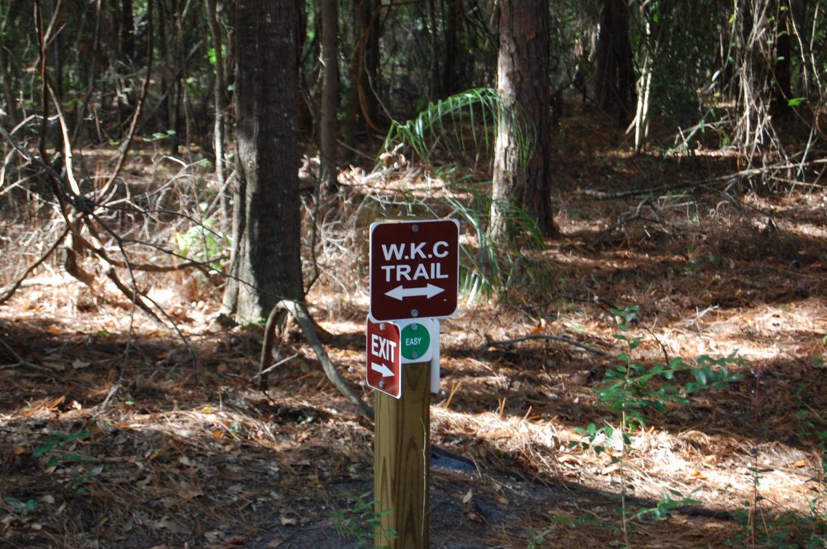 A wooden signpost in a wooded area indicating the W.K.C Trail, with arrows pointing left and right, and an "EXIT" sign below it labeled "EASY." The ground is covered with pine needles and small plants, surrounded by trees. Tillie Fowler Regional Park mountain bike trail.