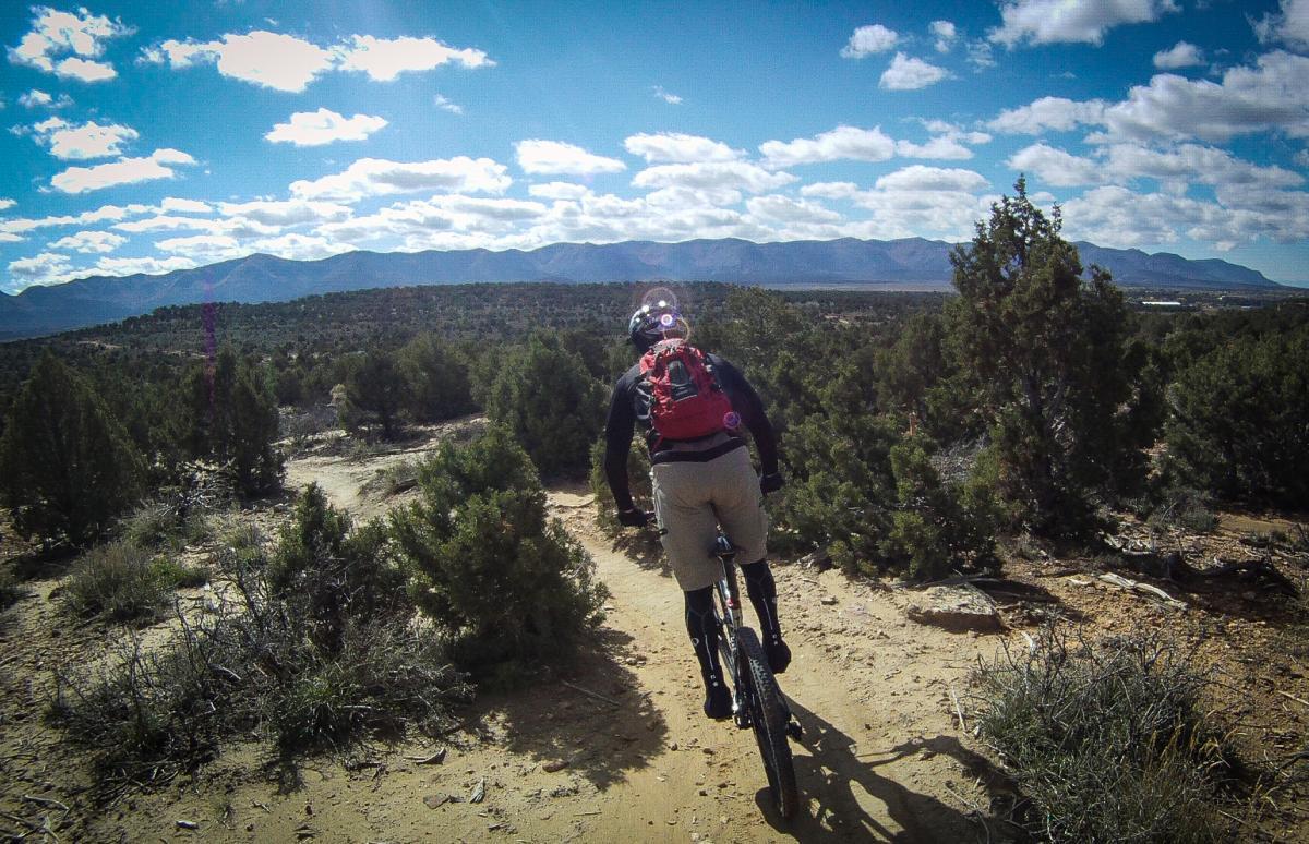 A mountain biker riding on a dirt trail surrounded by trees, with a panoramic view of mountains and a blue sky dotted with clouds in the background. Phil's World mountain bike trail.