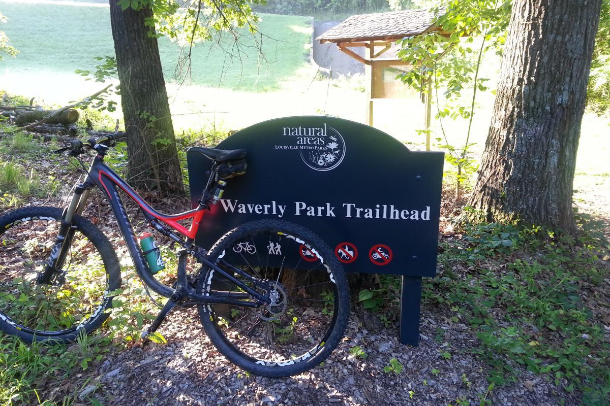 Specialized Stumpjumper FSR Comp 29: Image of a mountain bike parked next to a sign marking the Waverly Park Trailhead. The sign features information about natural areas and includes icons indicating rules for trail use, such as those for biking and walking. Surrounding the sign, there are trees and greenery, suggesting a wooded area.