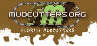 Logo for Florida Mudcutters, featuring the text "mudcutters.org" and "FM" in green on a brown background with a chain design and mud splashes.