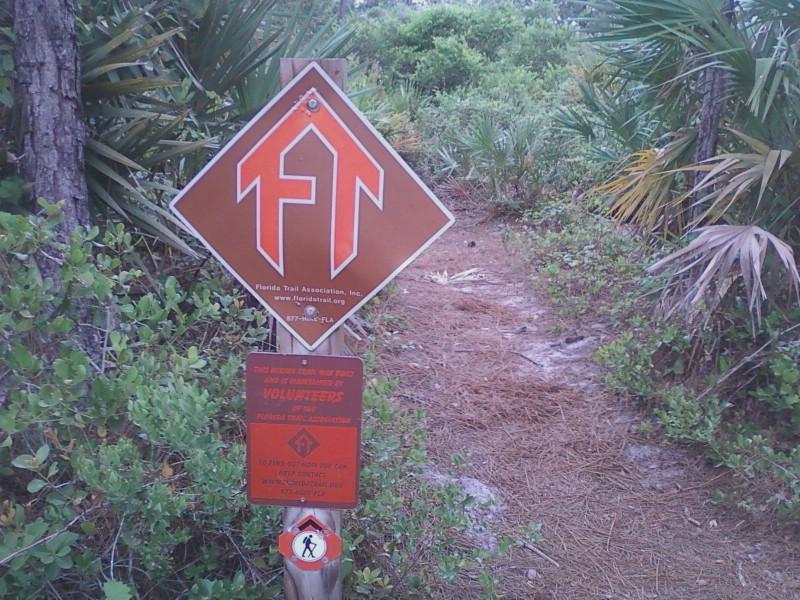 Signage marking a trail maintained by the Florida Trail Association, featuring an orange diamond-shaped logo with "FT" and a directional arrow. Below this, there is additional text inviting volunteers to participate in trail maintenance. The sign is surrounded by lush greenery typical of Florida trails. Halpatiokee mountain bike trail.