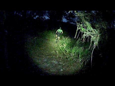 A cyclist wearing a green jersey rides along a dark, wooded trail, illuminated by a bright light in front of them. The surrounding area features tall grass and trees, creating a nighttime biking scene. Carlton Preserve mountain bike trail.