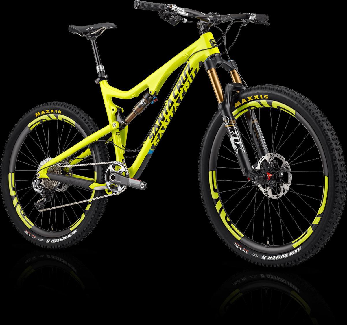 Santa Cruz Bronson: A bright yellow and black mountain bike with a sleek frame and dual suspension, featuring Maxxis tires, disc brakes, and a modern design, displayed against a black background.