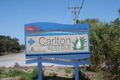 Sign for Carlton Reserve with a blue background, featuring a left arrow and decorative elements. The sign indicates "Carlton Reserve" and mentions "Sarasota County." The surrounding area shows a natural landscape with trees and shrubs. Carlton Preserve mountain bike trail.
