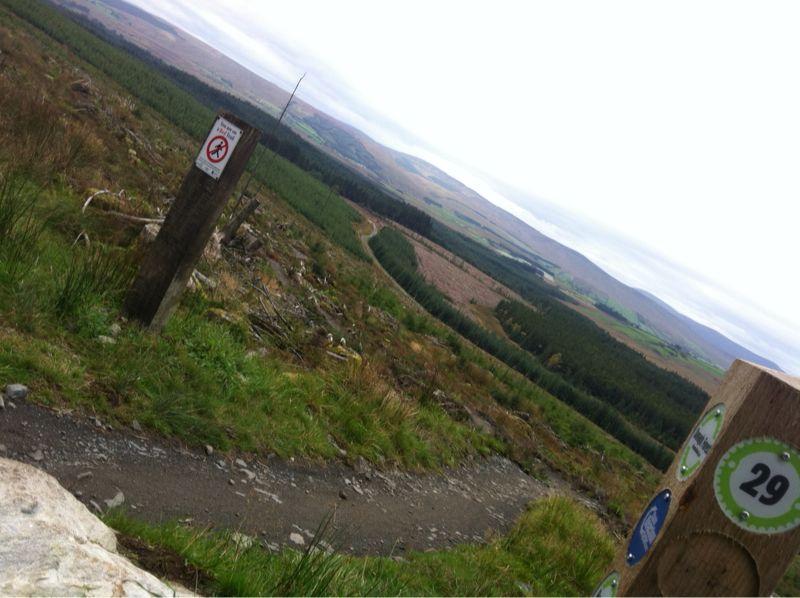 A scenic view from a trail in a forested area, featuring a wooden sign indicating trail information and a no trespassing warning. In the background, rolling hills covered with trees and patches of cleared land are visible under a cloudy sky. Davagh Trails mountain bike trail.