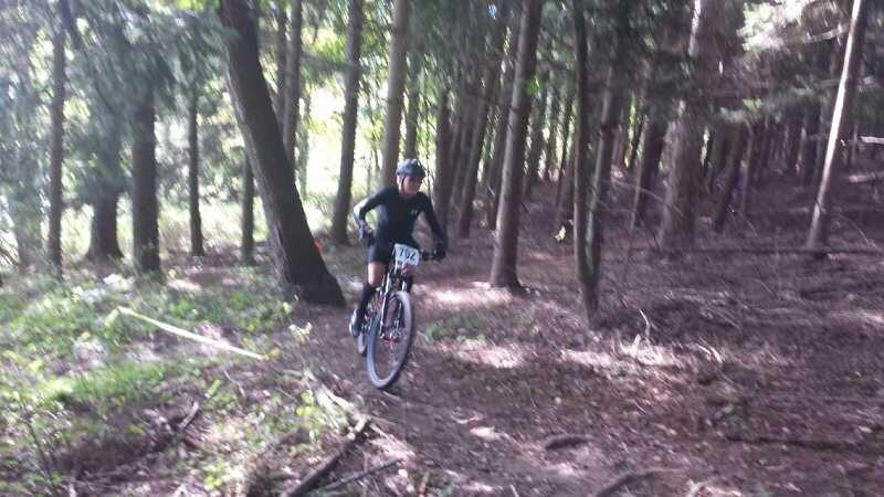 A cyclist navigating a winding dirt trail through a dense forest, wearing a black outfit and helmet, with a race number displayed on the bike. Sunlight filters through the trees, illuminating the scene. Split Rock Loop 1 mountain bike trail.