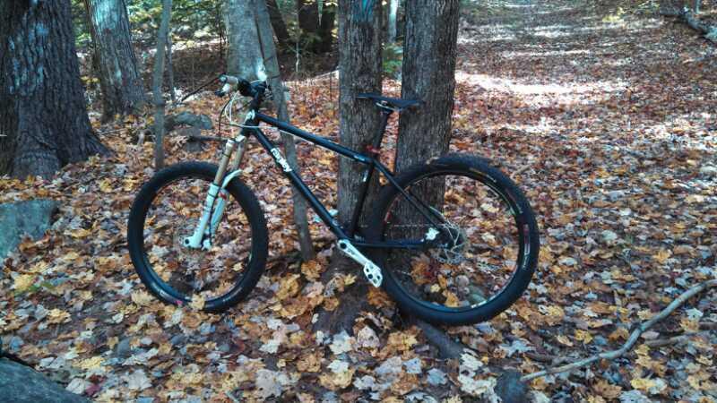 A black mountain bike leaning against a tree in a forest area covered with autumn leaves. The ground is strewn with colorful fallen leaves, and the surrounding trees are visible in the background. Franklin Falls mountain bike trail.