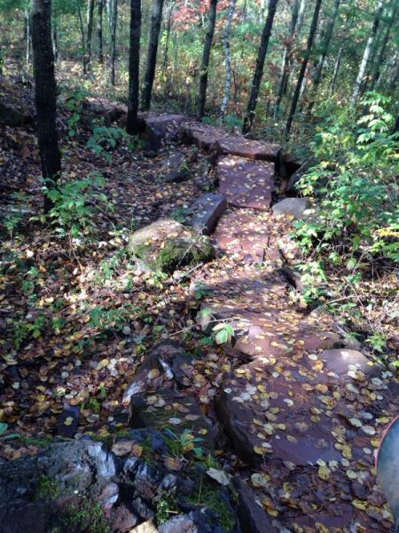 A winding stone path covered with autumn leaves, surrounded by trees in a forested area. The pathway is partially obscured by foliage, creating a natural and serene outdoor setting. Cuyuna Lakes mountain bike trail.