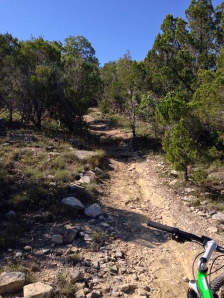 A rocky dirt trail leading uphill through a forested area, with greenery on both sides and a clear blue sky overhead. A bicycle handlebar is partially visible in the foreground, suggesting a mountain biking context. Madrone Trail mountain bike trail.