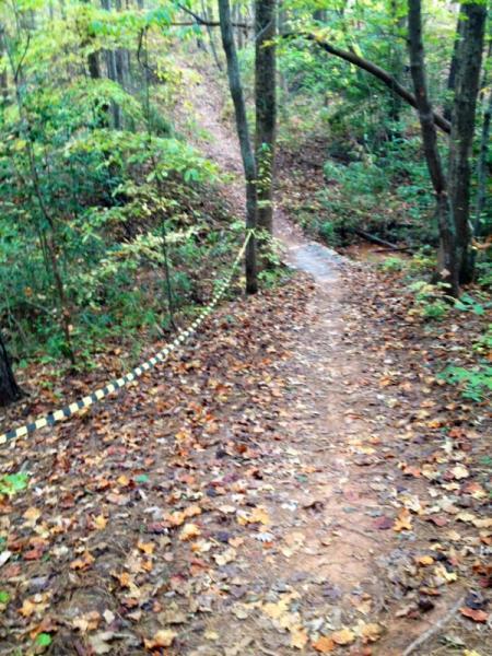A narrow, muddy hiking trail winding through a wooded area, surrounded by trees and colorful autumn leaves. A section of the trail is marked with yellow and black caution tape, indicating a potential hazard. Governor's Creek mountain bike trail.