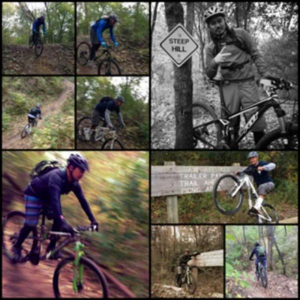 A collage of mountain biking scenes featuring various riders navigating trails, including a steep hill sign. The images showcase riders in action on different terrains, some captured mid-jump or riding through lush greenery, reflecting the excitement and challenge of mountain biking. Saw Wee Kee Park mountain bike trail.