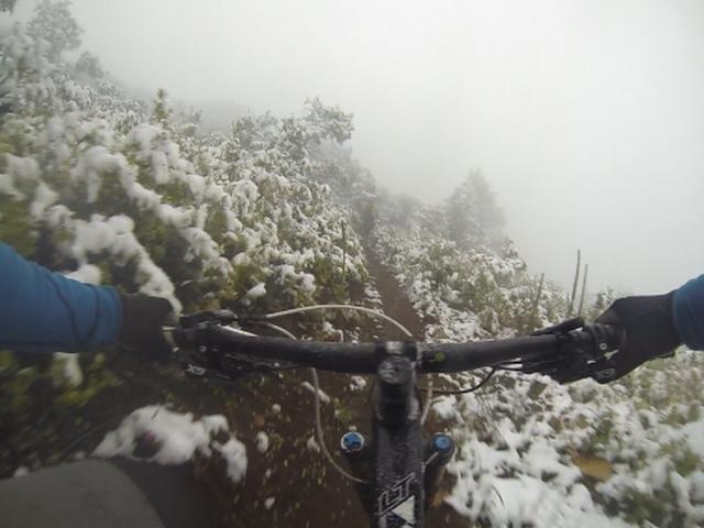 A close-up view of a mountain bike handlebar navigating a snowy, foggy trail surrounded by greenery. The perspective shows the rider's gloves gripping the handlebars, suggesting an adventurous mountain biking experience in winter conditions. Mid Mountain mountain bike trail.