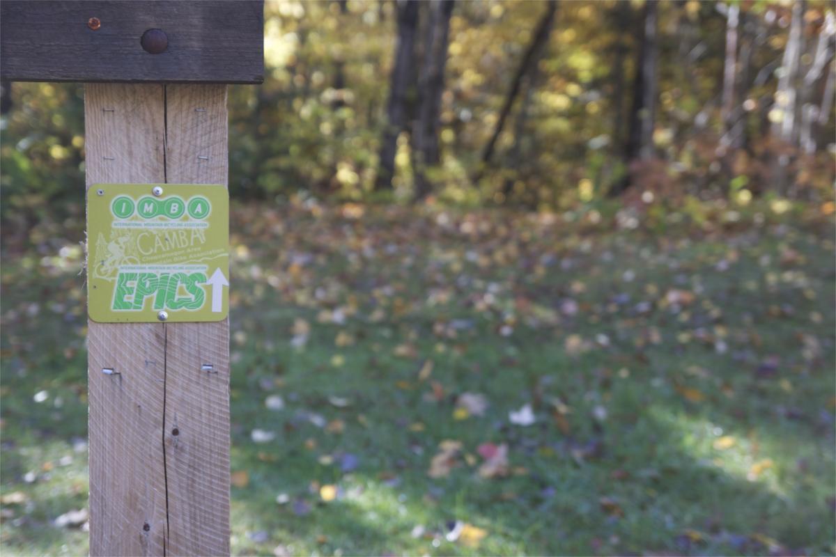 A wooden post in a grassy area displaying a sign with the IMBA logo and the word "EPICS," indicating a mountain biking trail. Fall foliage is visible in the blurred background, featuring colorful leaves scattered on the ground. Rock Lake mountain bike trail.
