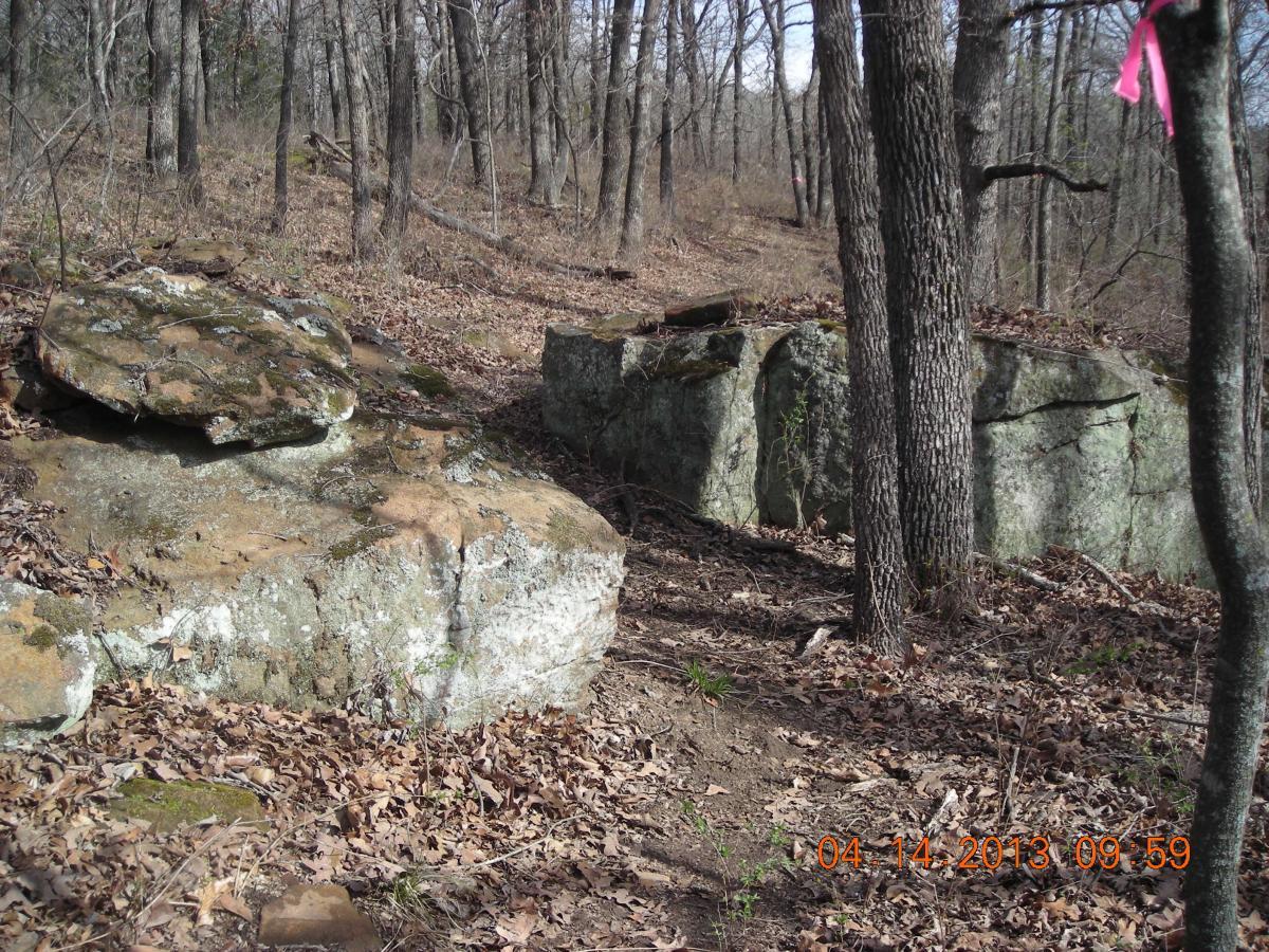 A rocky terrain in a wooded area, featuring two large boulders surrounded by dry leaves and sparse vegetation. The scene is set in early spring, with bare trees and a dirt path visible in the background. Badger Creek North Trail mountain bike trail.