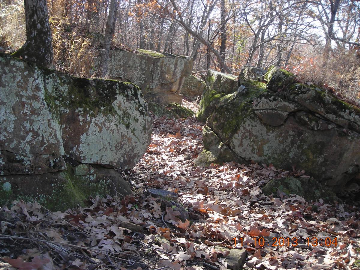 A rocky path lined with large, moss-covered stones, surrounded by trees and scattered autumn leaves. The scene captures a quiet, natural setting in a wooded area. Badger Creek South Trail mountain bike trail.