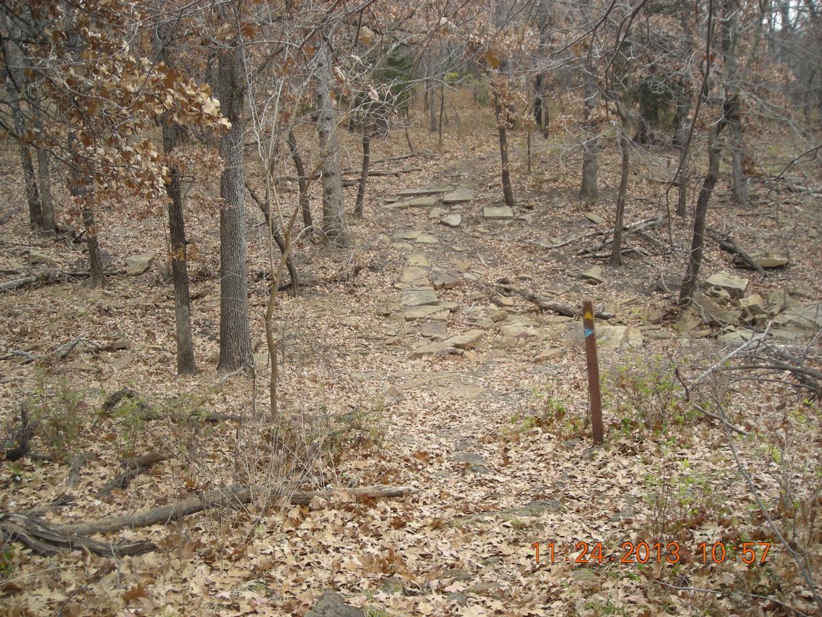 A rocky path winding through a forest with bare trees and scattered fallen leaves. A wooden trail marker is visible on the right side of the image, indicating the direction of the trail. The scene is captured in a late autumn setting. Chautauqua Hills Trail mountain bike trail.
