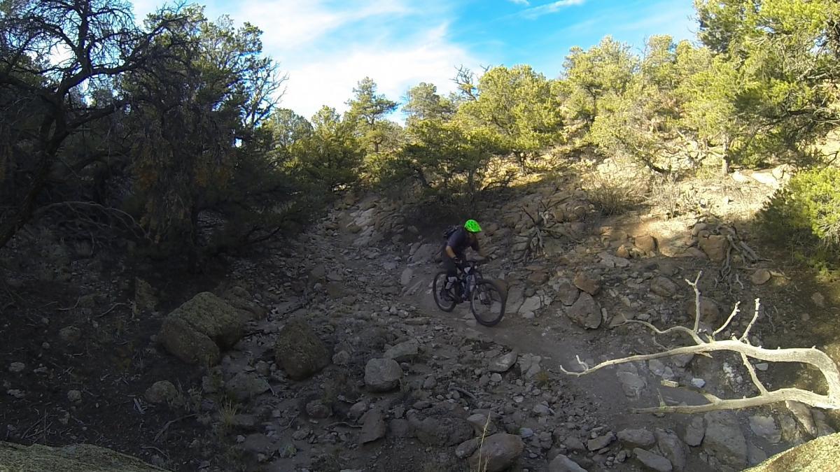 A mountain biker navigates a rocky trail in a forested area under a bright blue sky. The biker is wearing a bright green helmet and is focused on maneuvering through the uneven terrain, surrounded by trees and rocky outcrops. Unkle Nazty mountain bike trail.