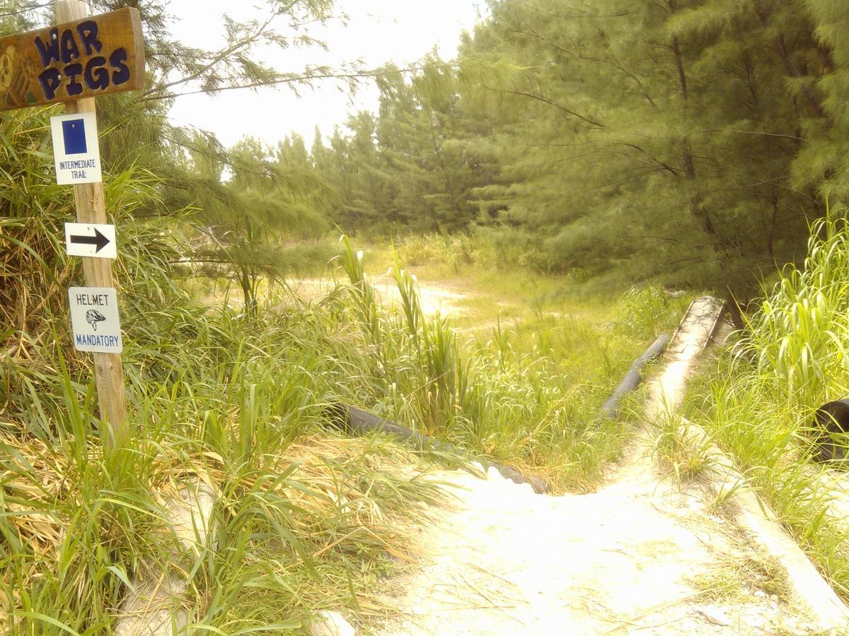 A narrow dirt path marked by a sign labeled "WAR PIGS" points toward an intermediate trail, with an arrow indicating the direction. Nearby, a sign states "HELMET MANDATORY." The path is surrounded by tall grass and trees, creating a natural, secluded environment. Virginia Key North Point mountain bike trail.