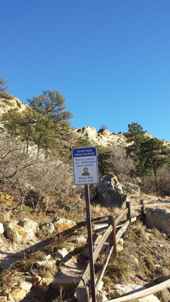 Sign in a natural area warning about urban wildlife and rattlesnakes, with a clear blue sky and rocky terrain in the background. The sign encourages visitors to stay on the designated trail for safety. Ute Valley Park mountain bike trail.