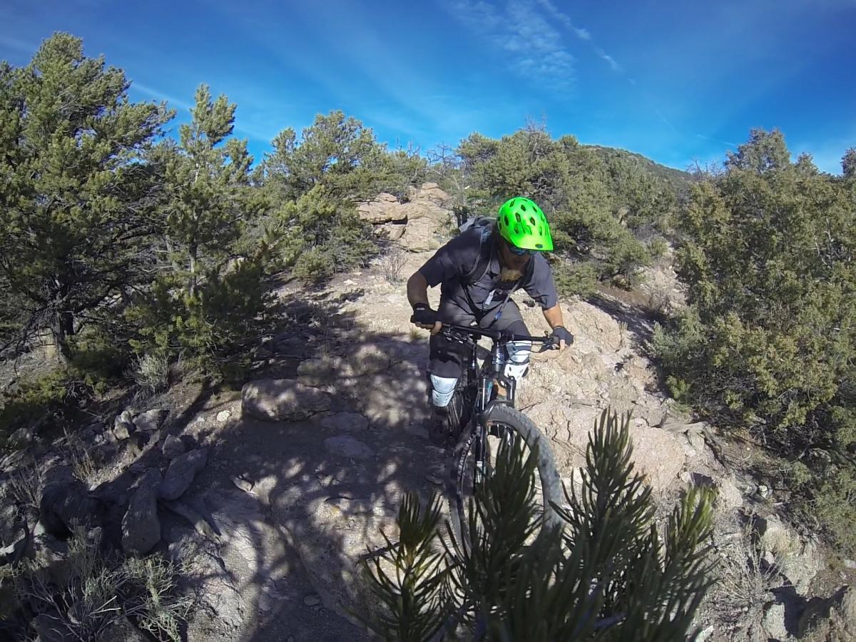 A mountain biker navigating a rocky trail in a forested area, wearing a green helmet and cycling gear. The scene captures blue skies and greenery, highlighting the outdoor adventure. Unkle Nazty mountain bike trail.
