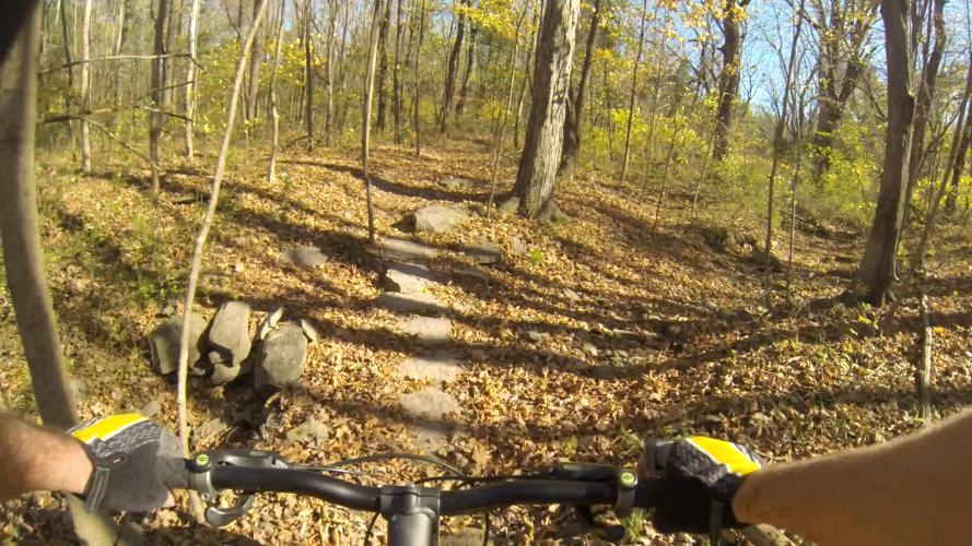 A mountain biker's perspective while navigating a narrow, leaf-covered trail through a forest. The path features rocks and surrounded by trees with autumn foliage. The handlebars of the bike are visible, and sunlight filters through the trees, creating a peaceful outdoor scene. Nockamixon State Park mountain bike trail.