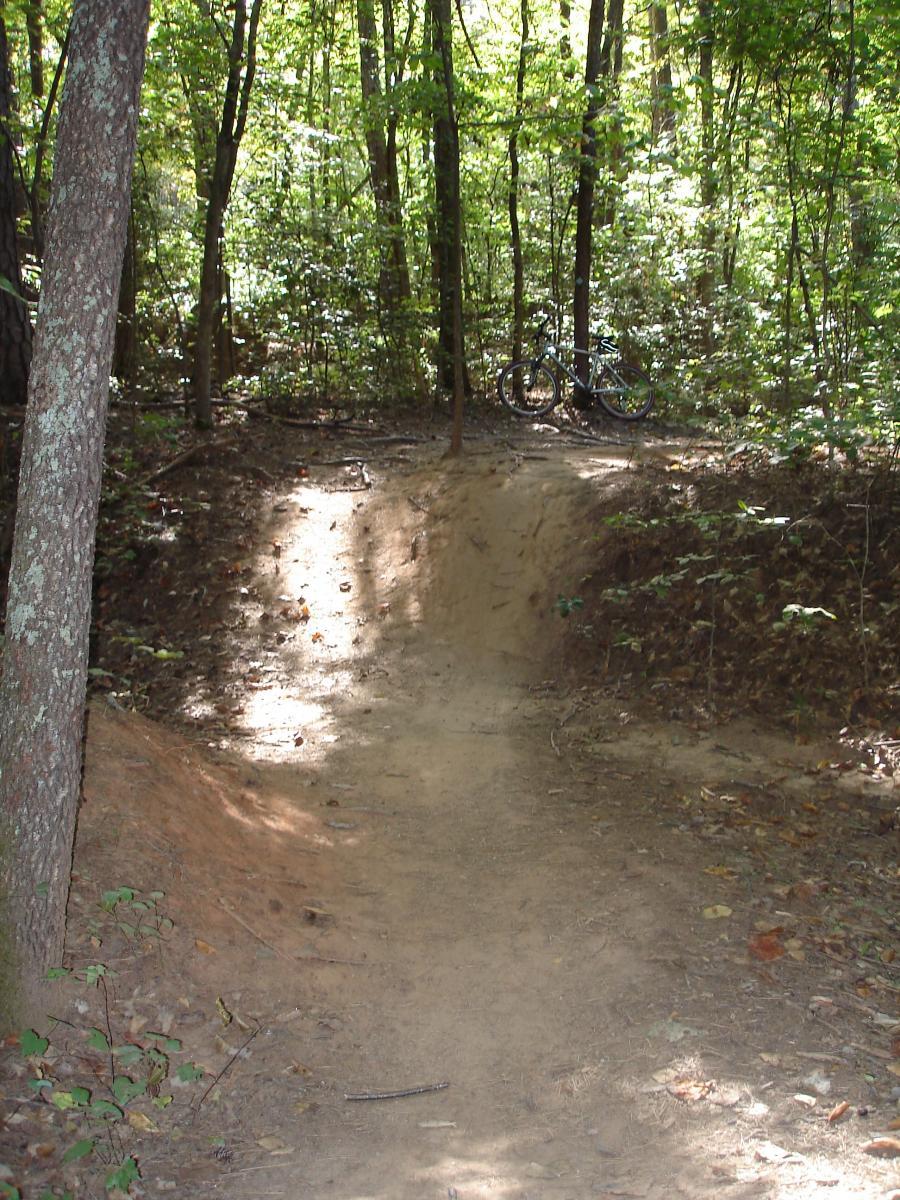A dirt bike trail winding through a wooded area, featuring a small jump with a ramp on one side. A black mountain bike is parked nearby among the trees, with sunlight filtering through the leaves. The ground is sandy and surrounded by greenery. Itusi @ Lake Norman State Park mountain bike trail.