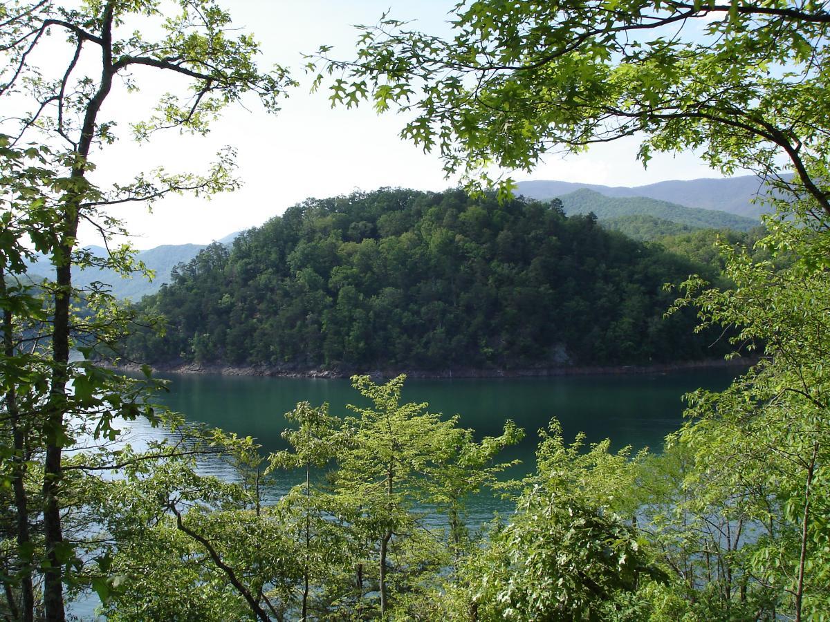 A serene view of a lake surrounded by lush green trees and a small island in the distance, with gentle hills and mountains fading into the background under a clear sky. Tsali Recreation Area mountain bike trail.