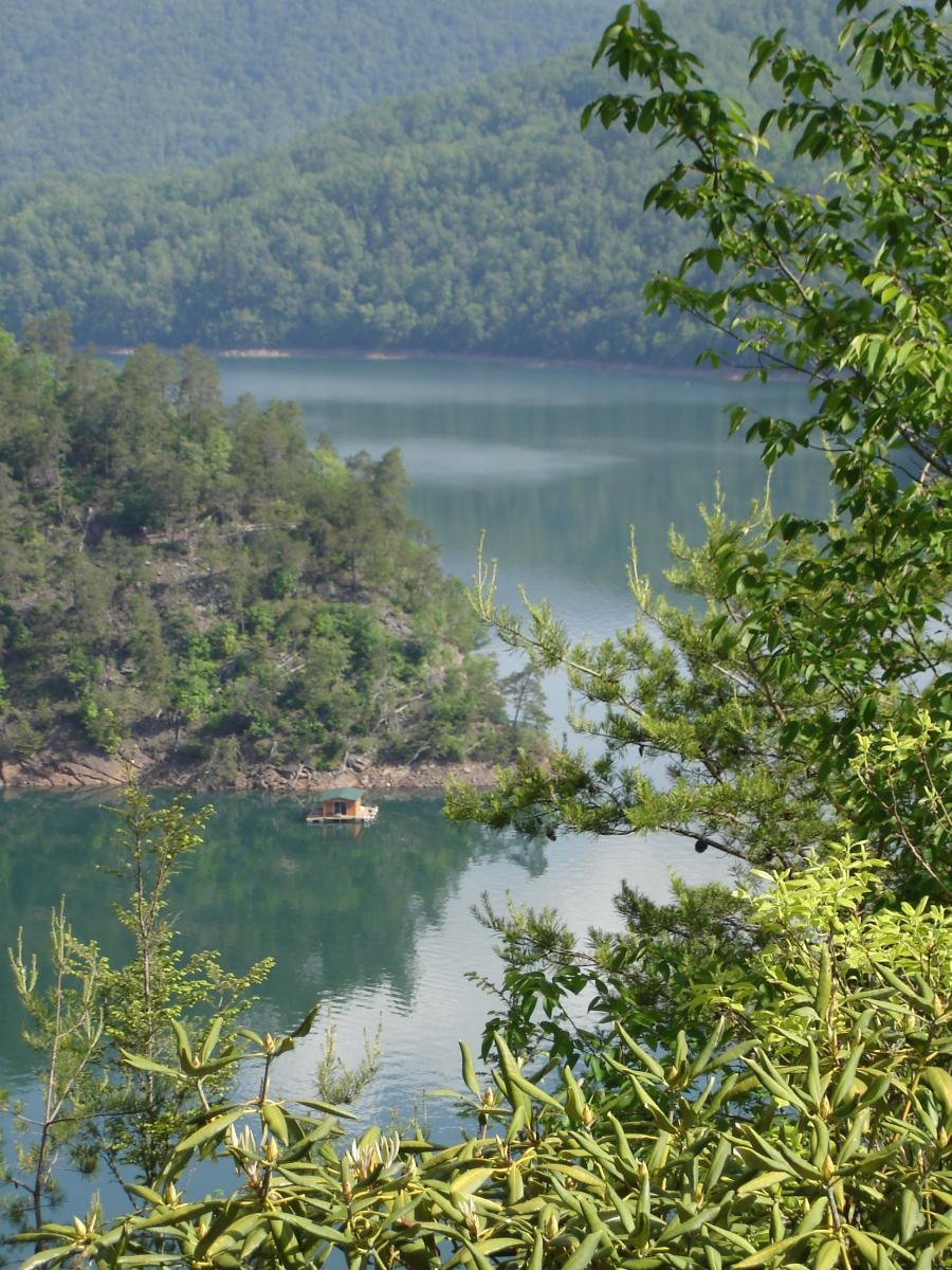 A serene landscape featuring a calm lake surrounded by lush green hills and trees. In the foreground, vibrant green foliage is visible, while a small cabin-like structure floats on the water, reflecting the surrounding scenery. The tranquil atmosphere is enhanced by the stillness of the lake and the greenery of the landscape. Tsali Recreation Area mountain bike trail.