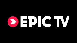 Logo of Epic TV, featuring the text "EPIC TV" in bold white letters against a black background, accompanied by a pink circular element with a white arrow and a smaller arrow icon on the left.