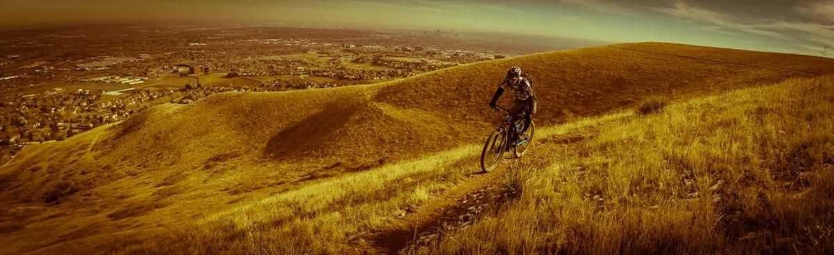 A mountain biker riding along a grassy hillside, with a panoramic view of a valley and distant cityscape in the background. The landscape features rolling hills and a warm, golden hue. Green Mountain mountain bike trail.