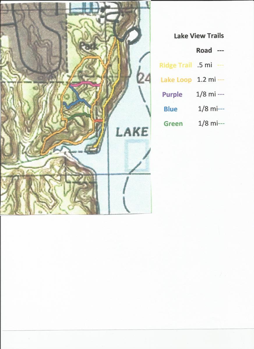 Map of Lake View Trails featuring several marked hiking routes. The trails include the Ridge Trail (0.5 miles), Lake Loop (1.2 miles), and shorter trails marked in purple, blue, and green (each 1/8 mile). The map outlines the terrain around a lake, with color-coded lines indicating different trail paths. Lake View Park Trails mountain bike trail.